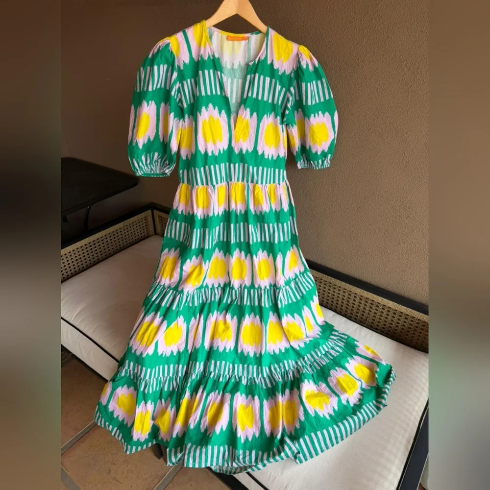 Oliphant Vibrant Green and Yellow  Puff Sleeve Maxi Dress 100% Cotton